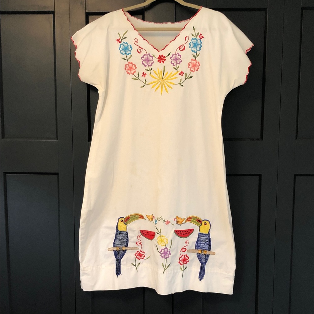 White Cotton Shift Summer Dress with Colorful Embroidery Toucan Flowers L-XL